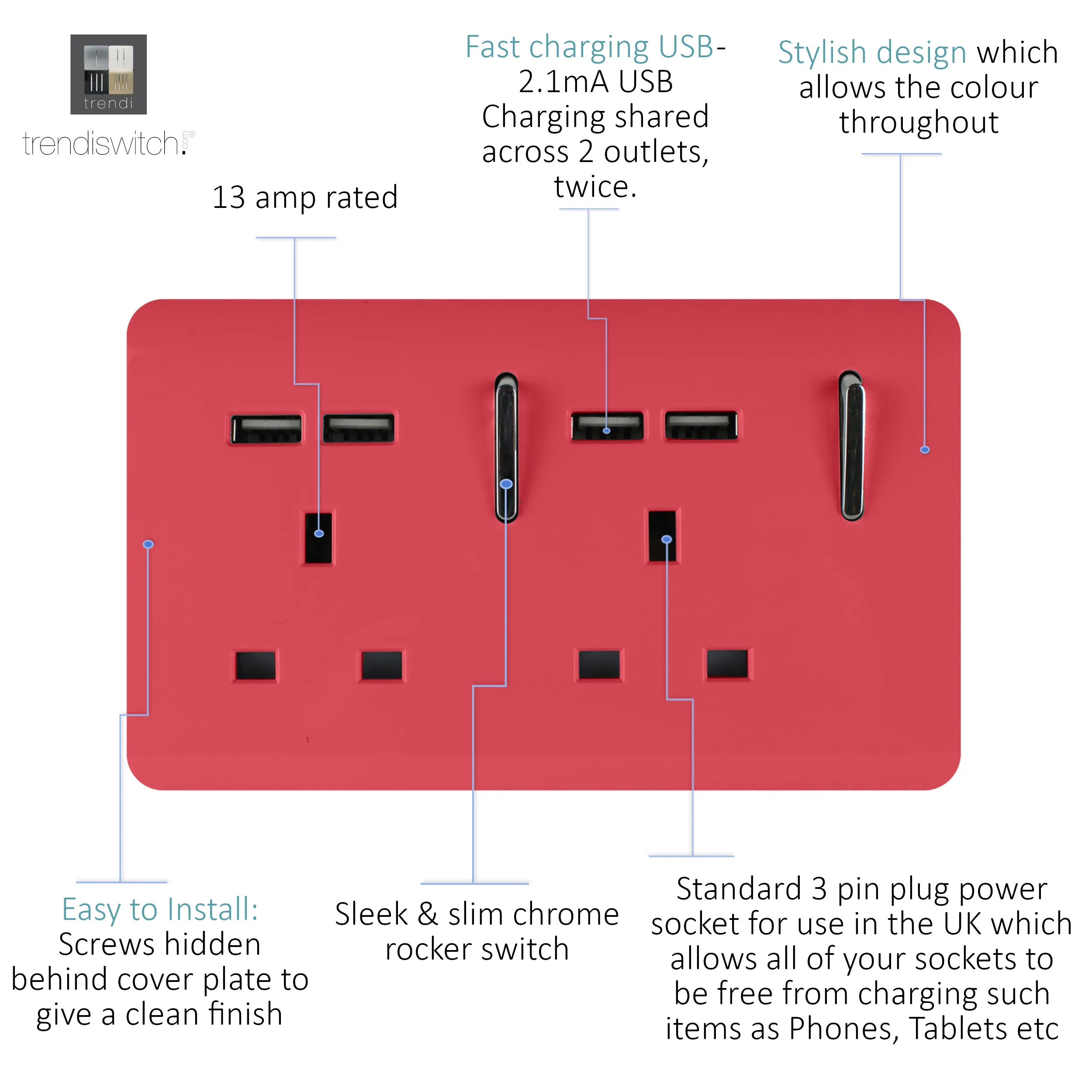 2 Gang 13Amp Switched Double Socket With 4X 2.1Mah USB Strawberry ART-SKT213USBSB  Trendi Strawberry